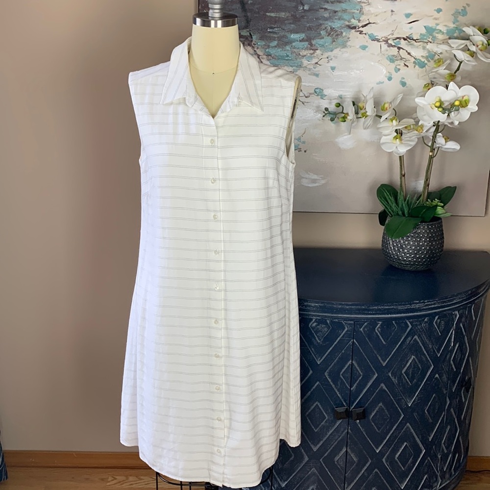 Adrianna Papell White W/ Gray Striped Short Sleeve Summer Shirt Dress Size 10